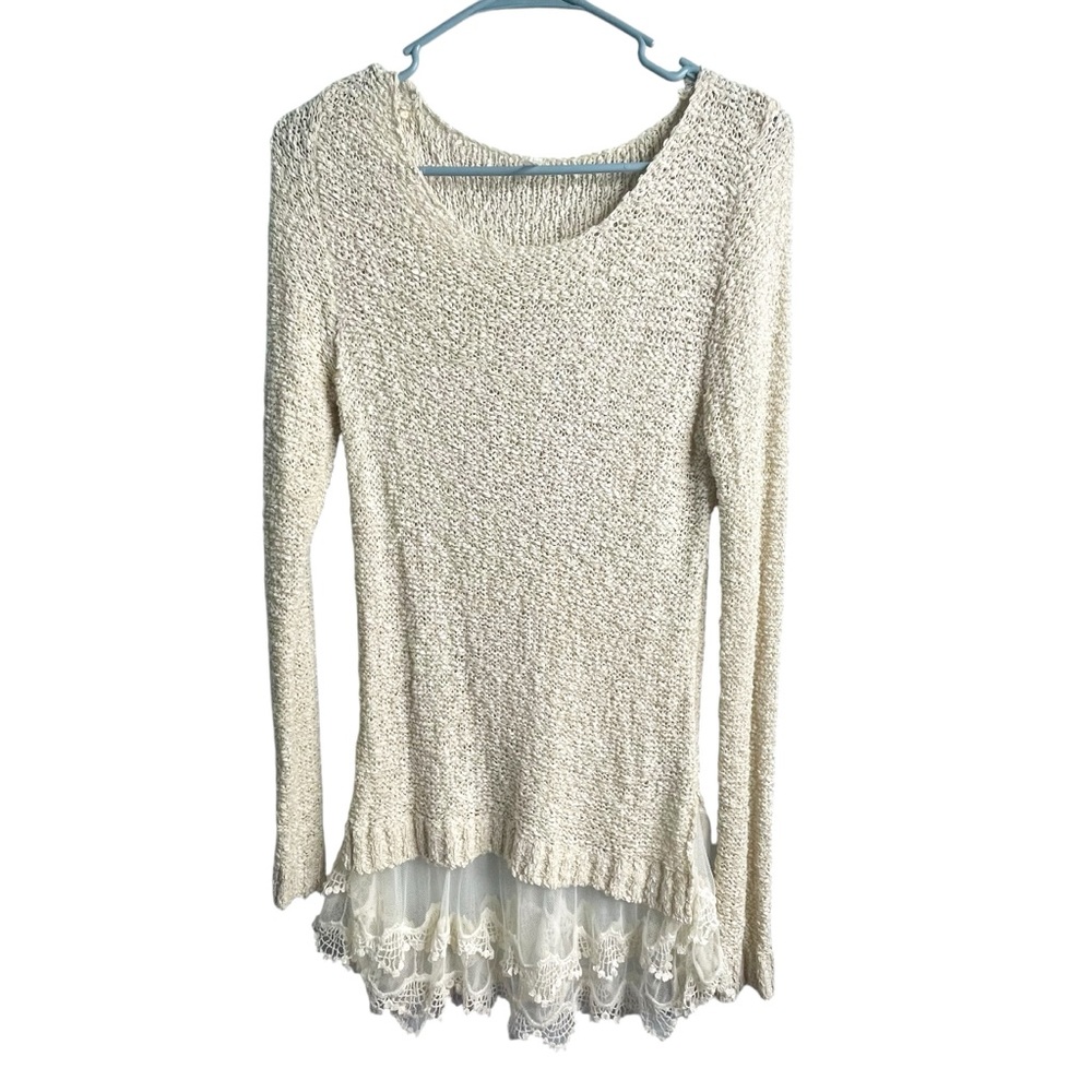 Cream Sweater With Lace Hem S